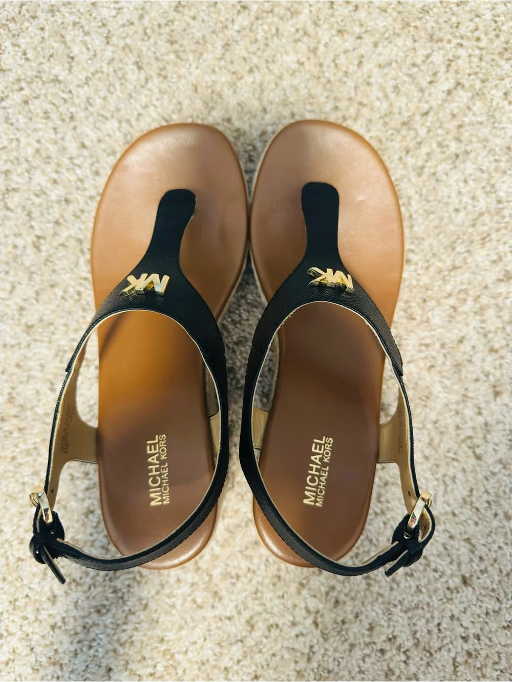 Michael Kors Black Leather Espadrille Wedge Sandals MK t-strap Gold Logo Sz 6.5